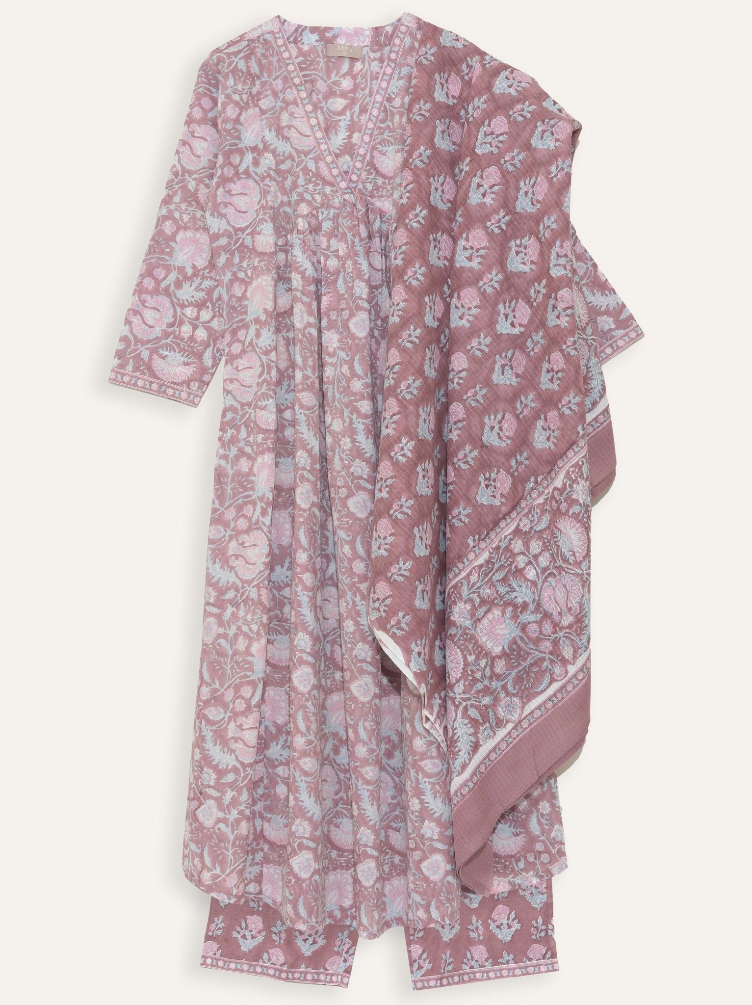 Rinsha Cotton Block Printed A - Line Suit Set - AINA